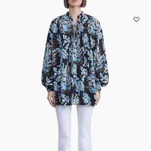 Lafayette 148 New York Blue Floral Pintuck 100% Silk Top XL
